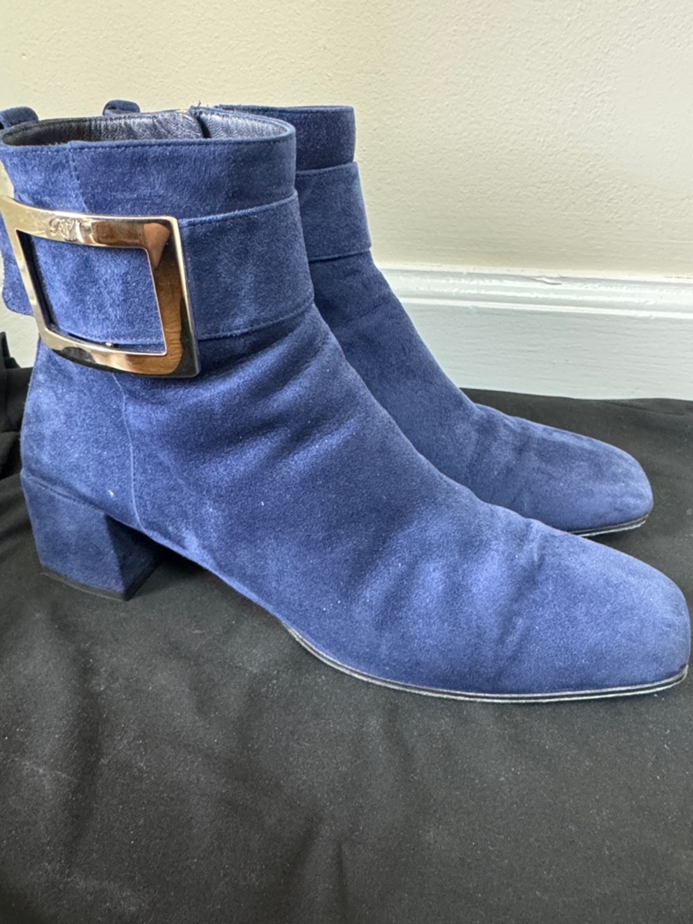 Roger Vivier Navy Suede Ankle Boots with Gold Buckle